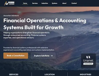 Screenshot of the Accurion Advisors website landing page.
